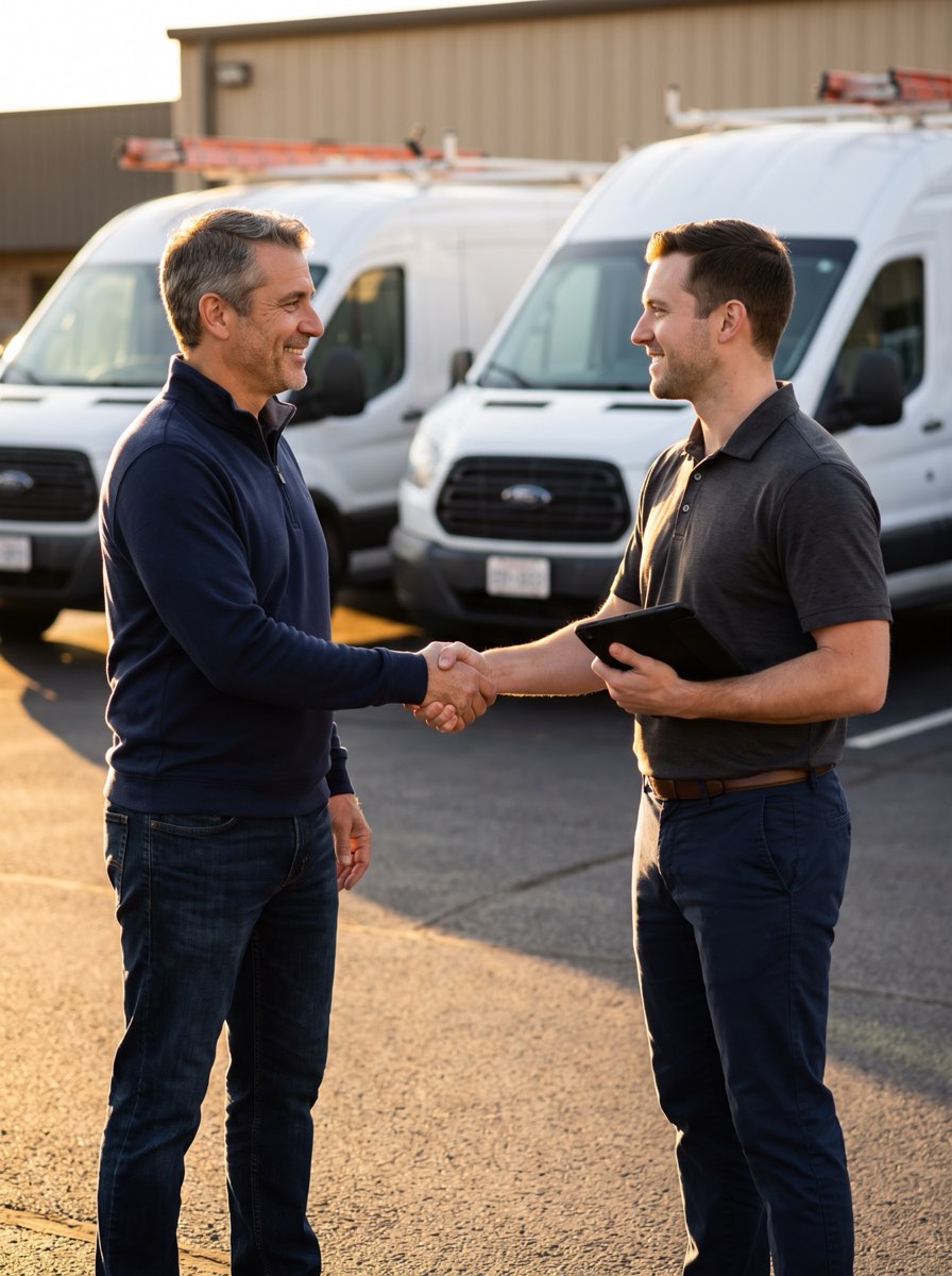 Owner shaking hands with a new sales rep in front of the company vans