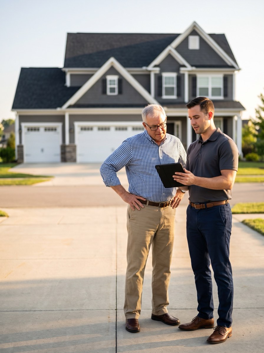 Roofing sales rep reviewing a tablet with a homeowner on his driveway