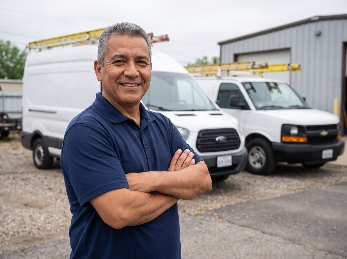 HVAC company owner with arms crossed in front of his service vans