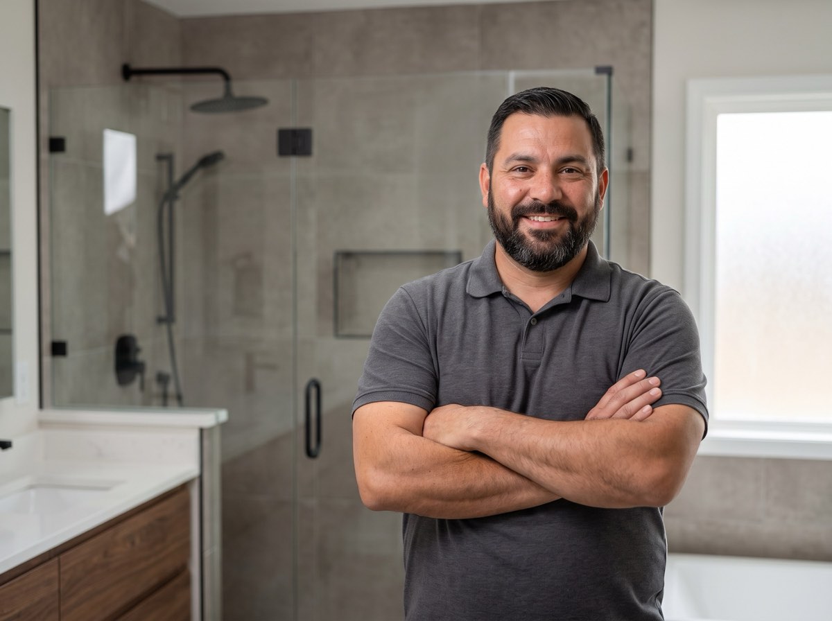 Bath remodeling company owner in a finished bathroom
