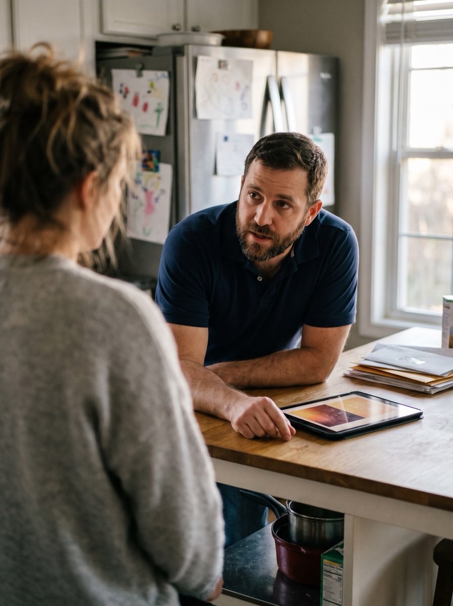 Level in-home sales rep listening to a homeowner across a kitchen island