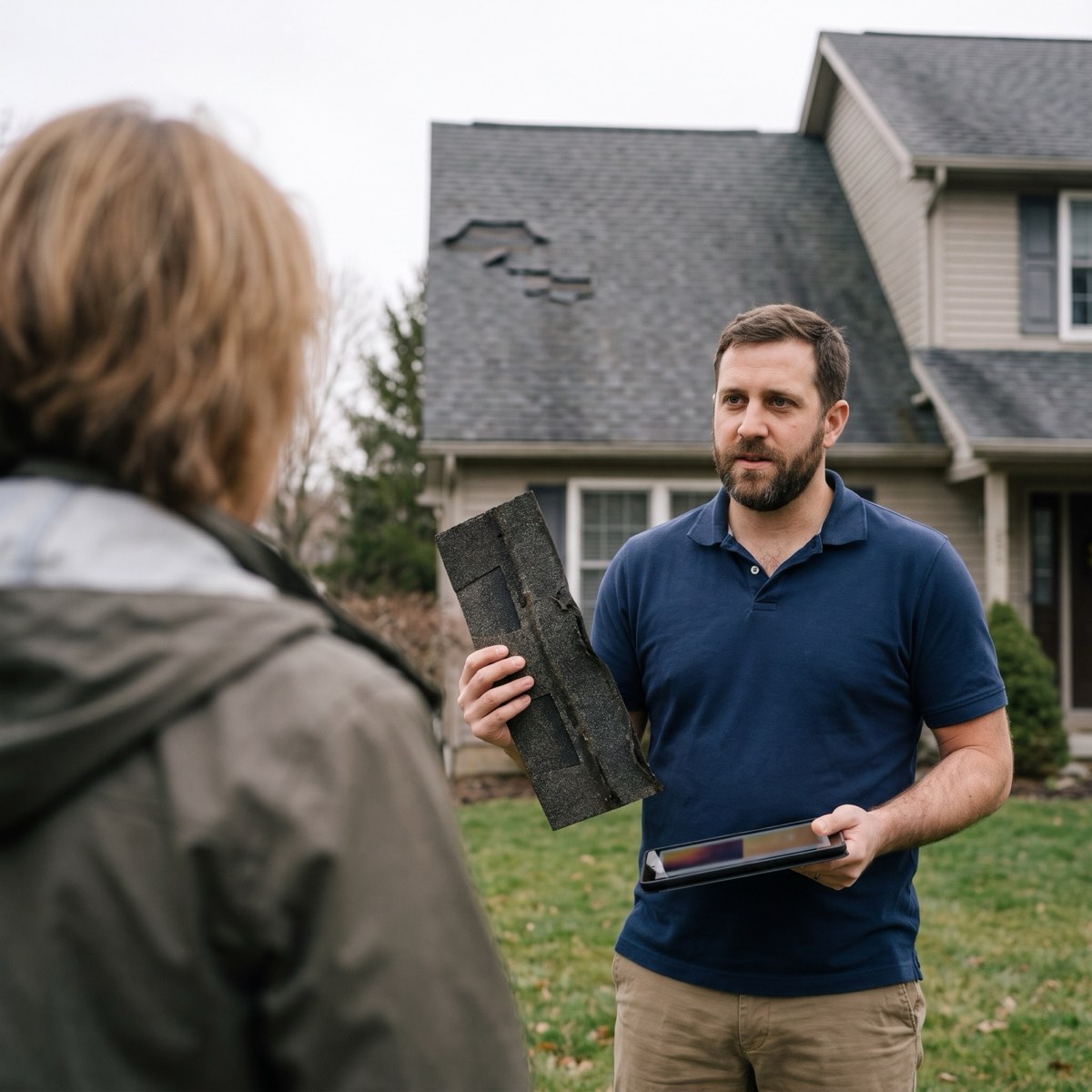 Roofing sales rep showing a homeowner a damaged shingle in front of her house
