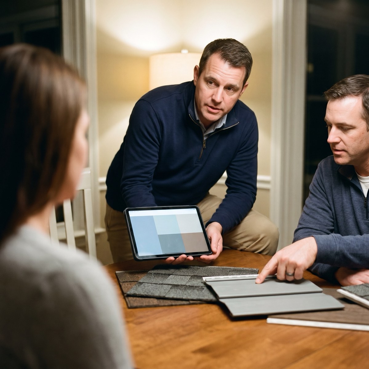 Exterior sales rep showing roofing and siding samples at the dining table